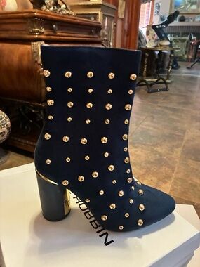 Cape Robbin Navy Suede Gold-Studded Block Heel Ankle Boot